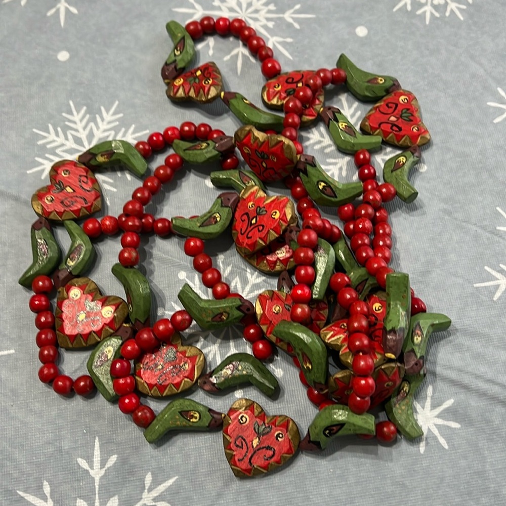 Vintage Wooden Beaded Heart and Bird Garland